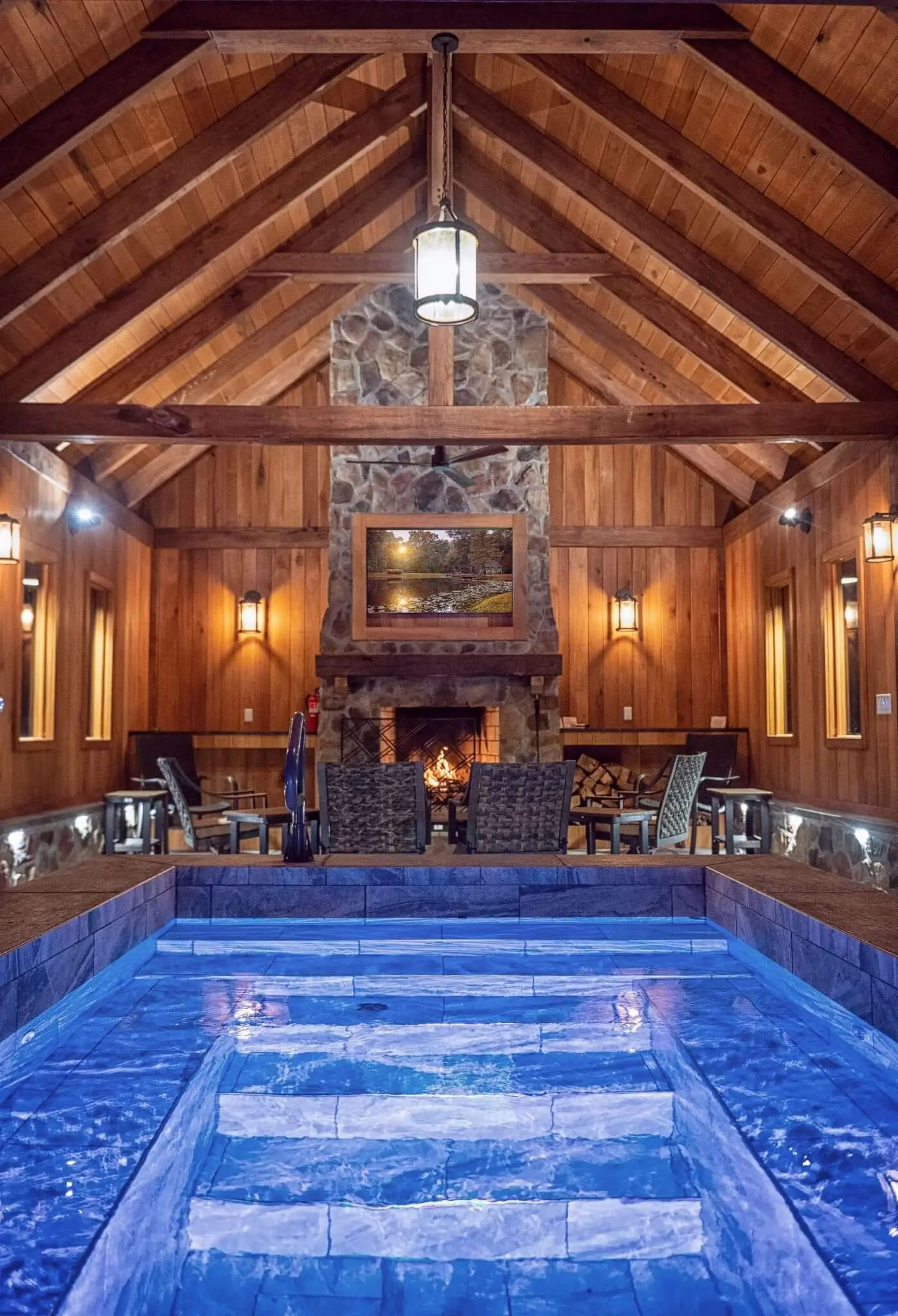 Rich blue plunge pool in a wooden gazebo