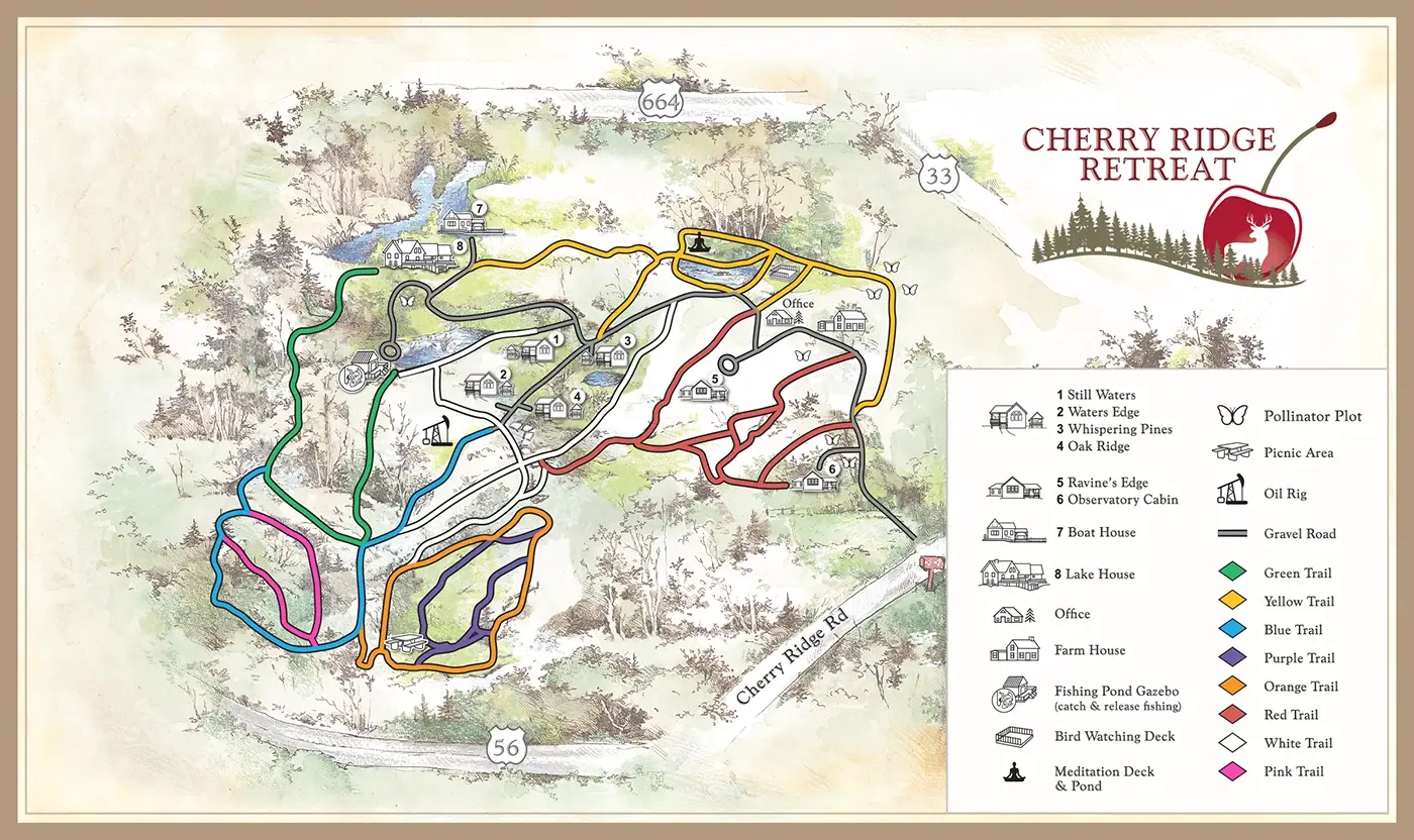 picture of an illustrated trail map of cherry ridge retreat