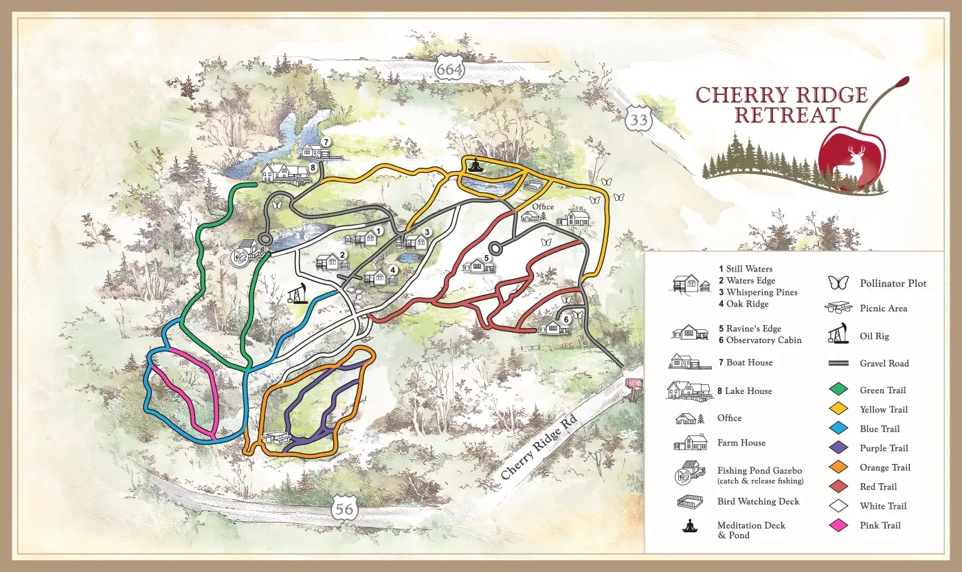 picture of an illustrated trail map of cherry ridge retreat