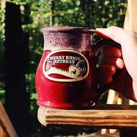 photo of a hand holding a red mug