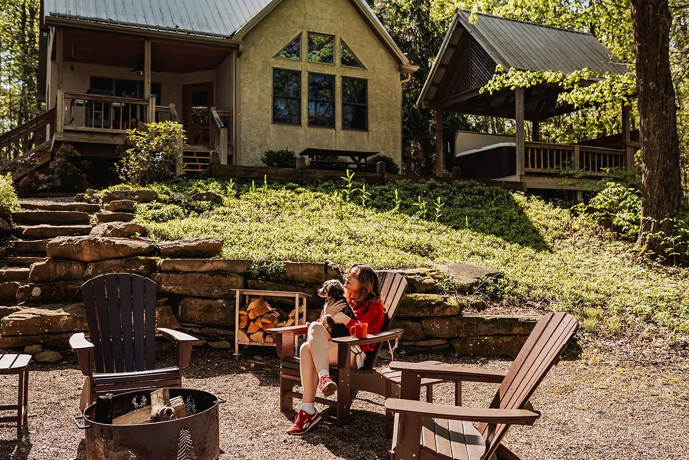 Private lakeside deck and gazebo surrounded by colorful autumn foliage in Hocking Hills 