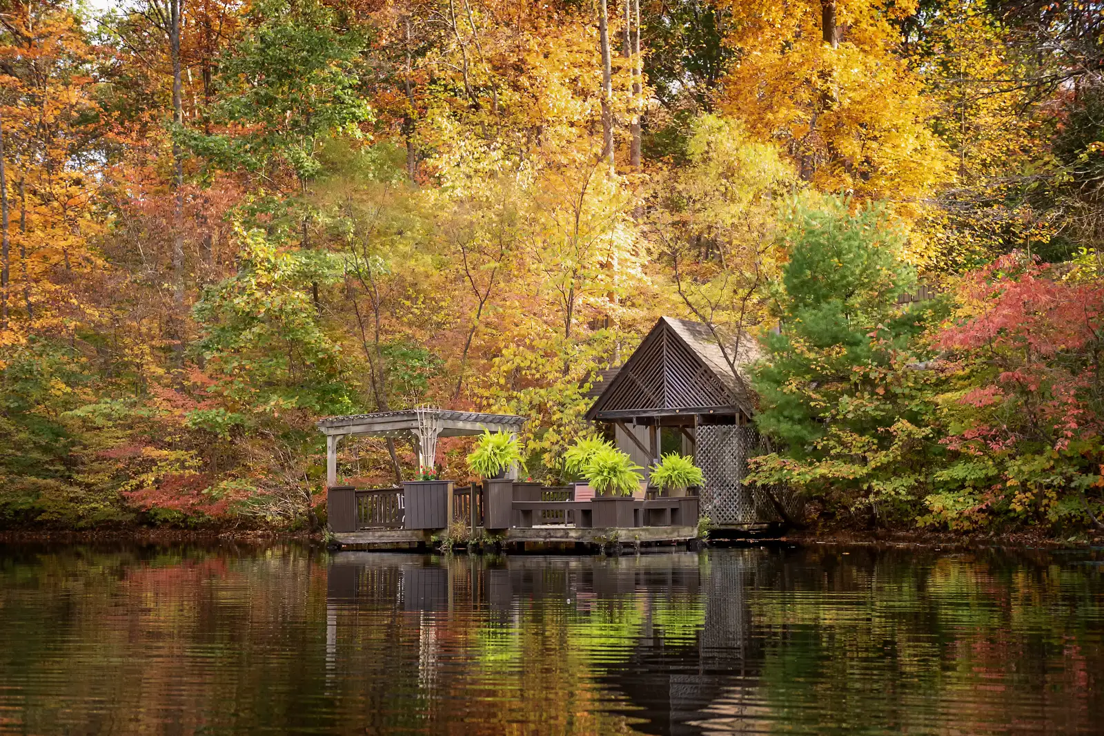 Private lakeside deck and gazebo surrounded by colorful autumn foliage in Hocking Hills 