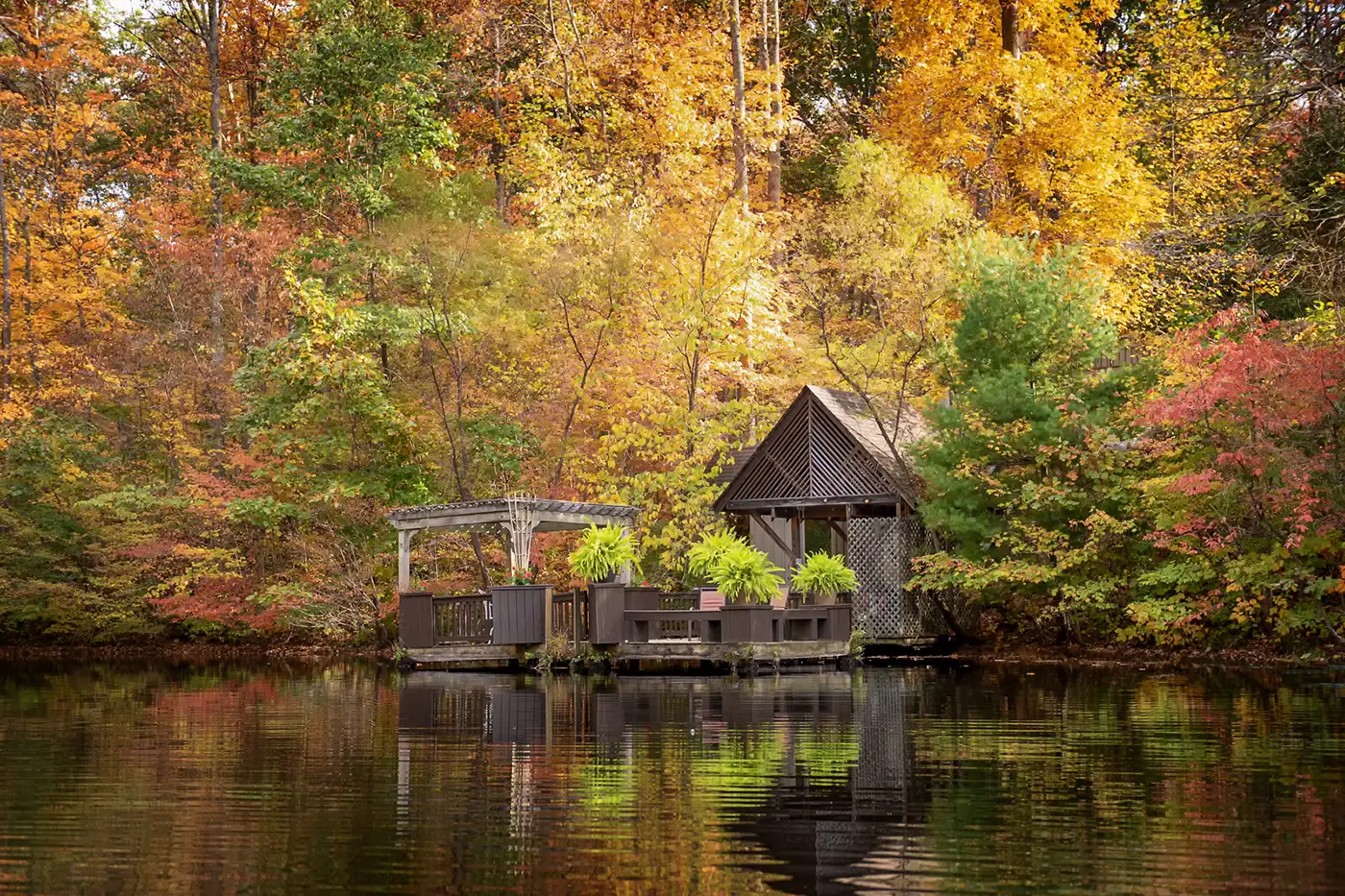 Private lakeside deck and gazebo surrounded by colorful autumn foliage 
