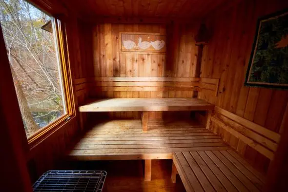 Wooden Sauna with window at Boat House 