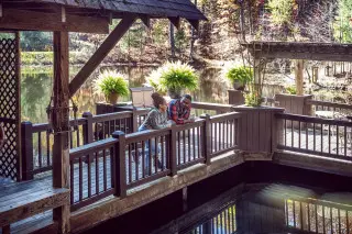 Boat House dock on the lake, with beautiful fall trees in the background