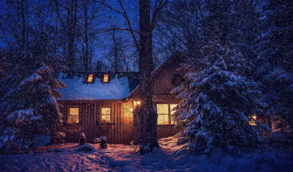 Boat House cabin with snow covered trees surrounding