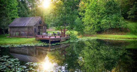 Gazebo and pond, reflecting the beautiful forest surrounding. 