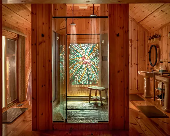 All glass walk in shower with stained glass inlay