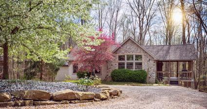 Ravine's Edge cabin in the spring, with flowers blossoming on trees