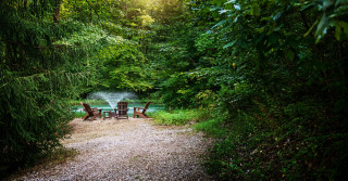 Summer forest surrounds the campfire ring, with comfortable seating. A fountain sprays in the private pond in the background
